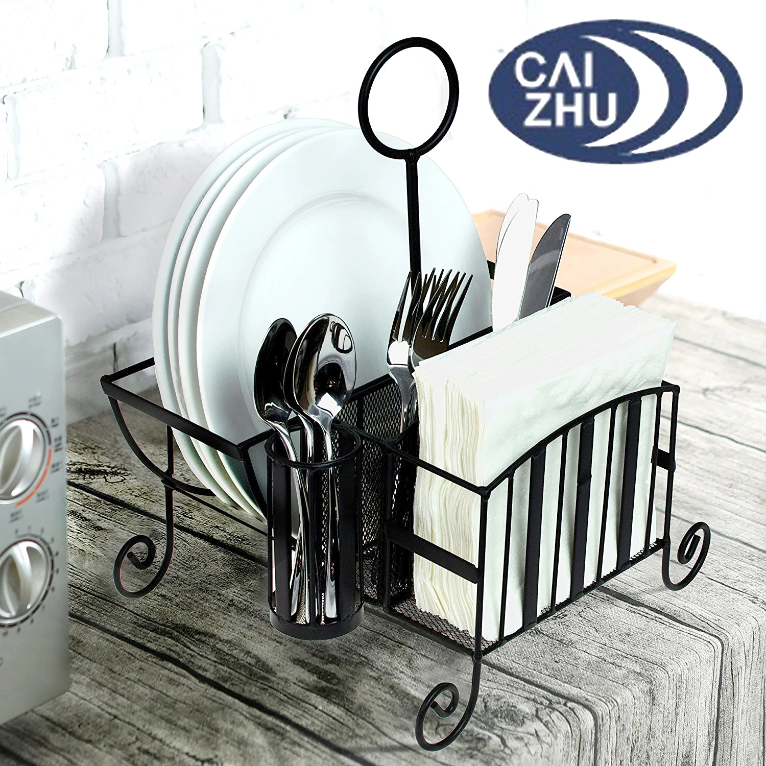 Black Metal Mesh Kitchen Picnic Buffet Caddy Holder For Utensil,Plates