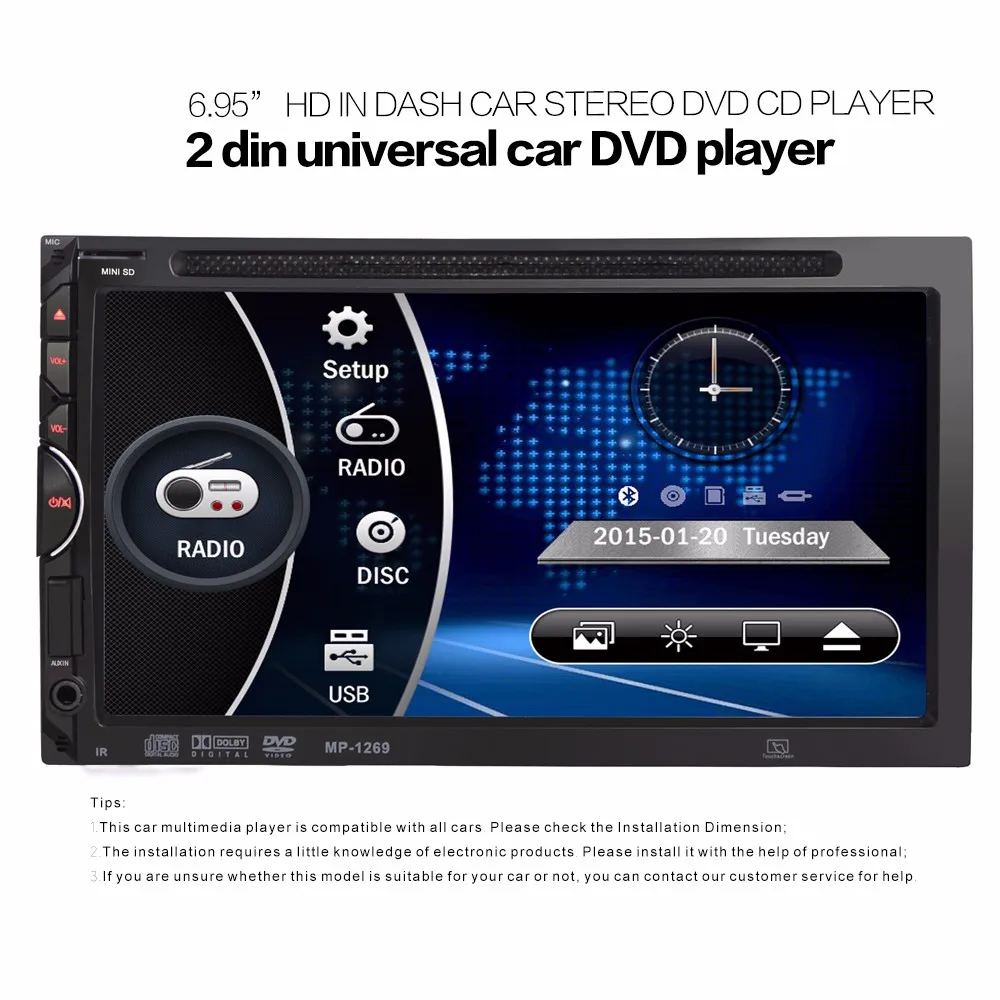 2 Din Car Video Player Dvd 6.95'' Hd Touch Screen Bluetooth Stereo