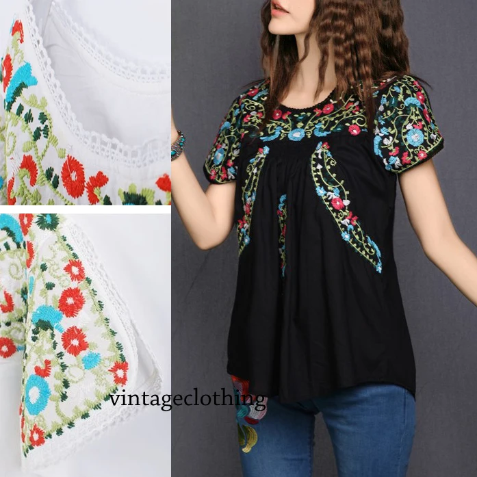 Vintage 70s SCALLOP Ethnic Floral Mexican Embroidered