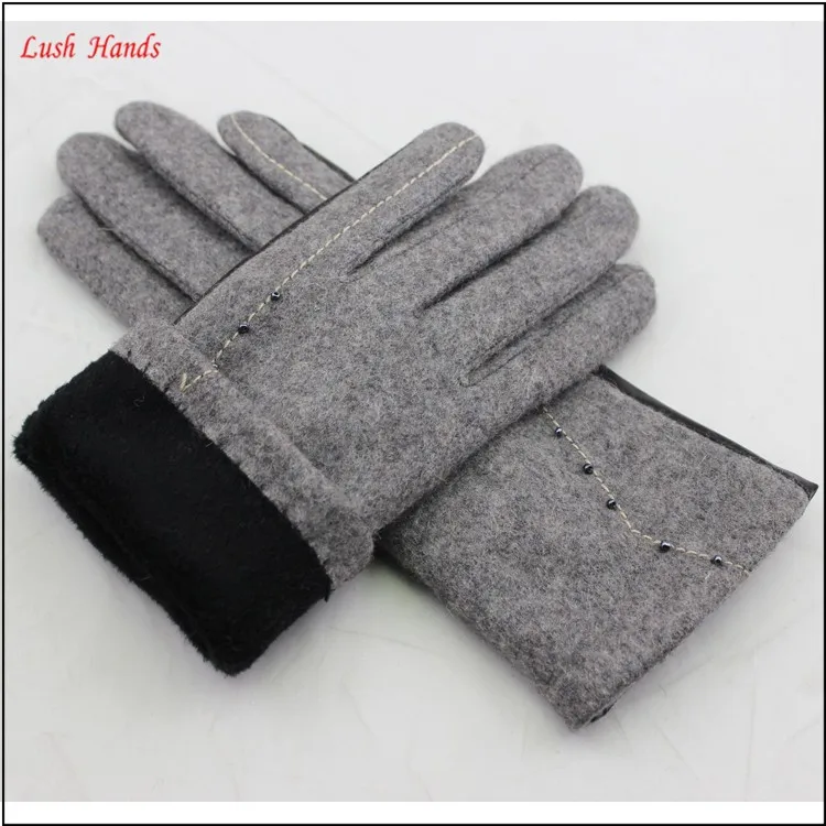 ladies simple party dresses grey woolen and PU hand gloves