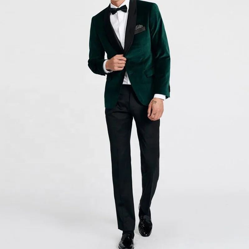 Green Men Suits 2 Pieces Velvet Wedding Pant Suit For Men