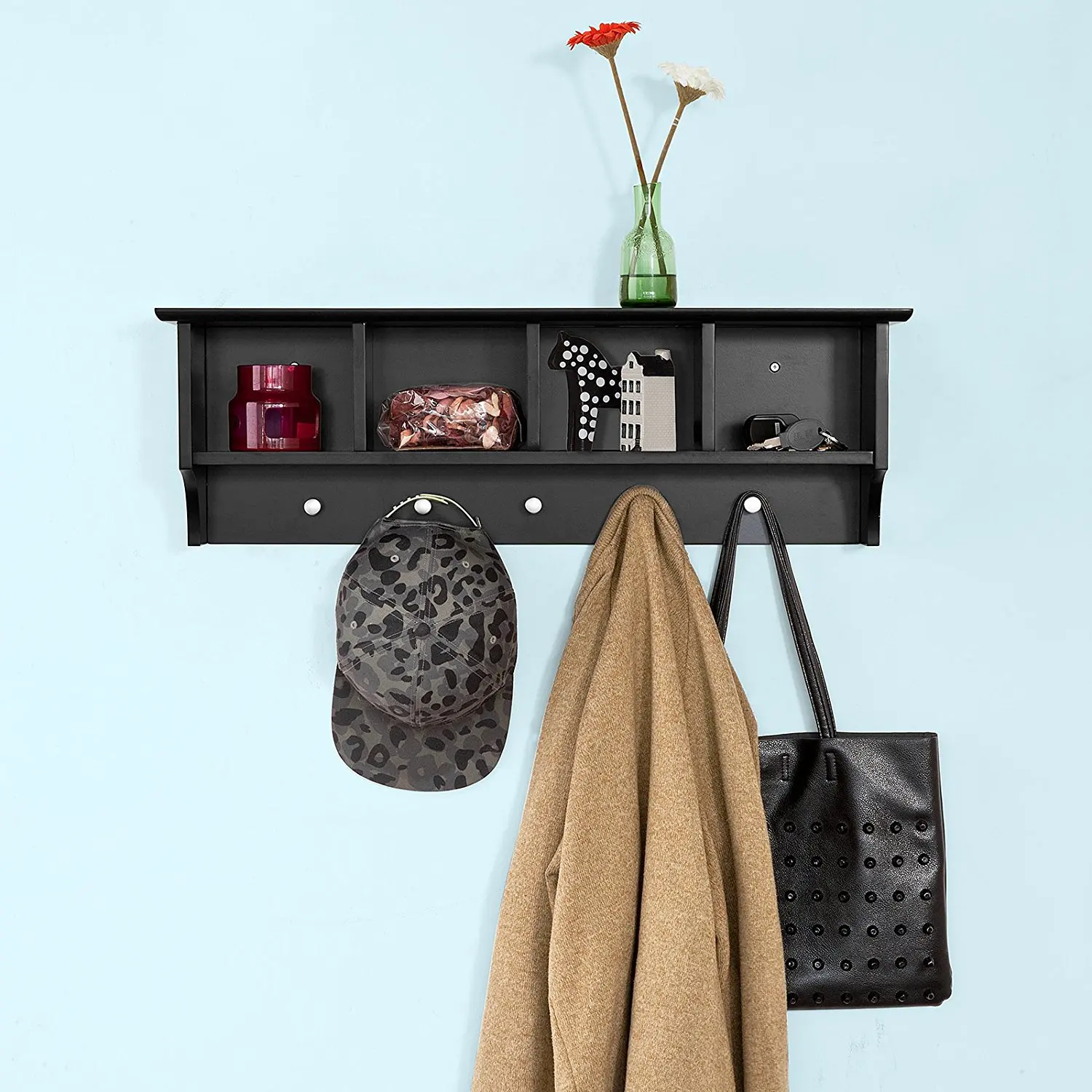 Wood Wall Mounted Floating Shelf with Hooks coat hook shelfGSH