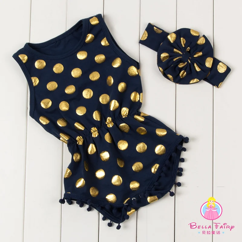 New designs popular romper gold dot cotton jumpsuit kids clothes wholesale cotton pompom bodysuit for baby girls with bows