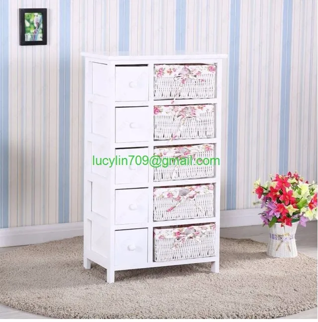 Bedroom Storage Dresser Chest 5 Drawers W Wicker Baskets Cabinet