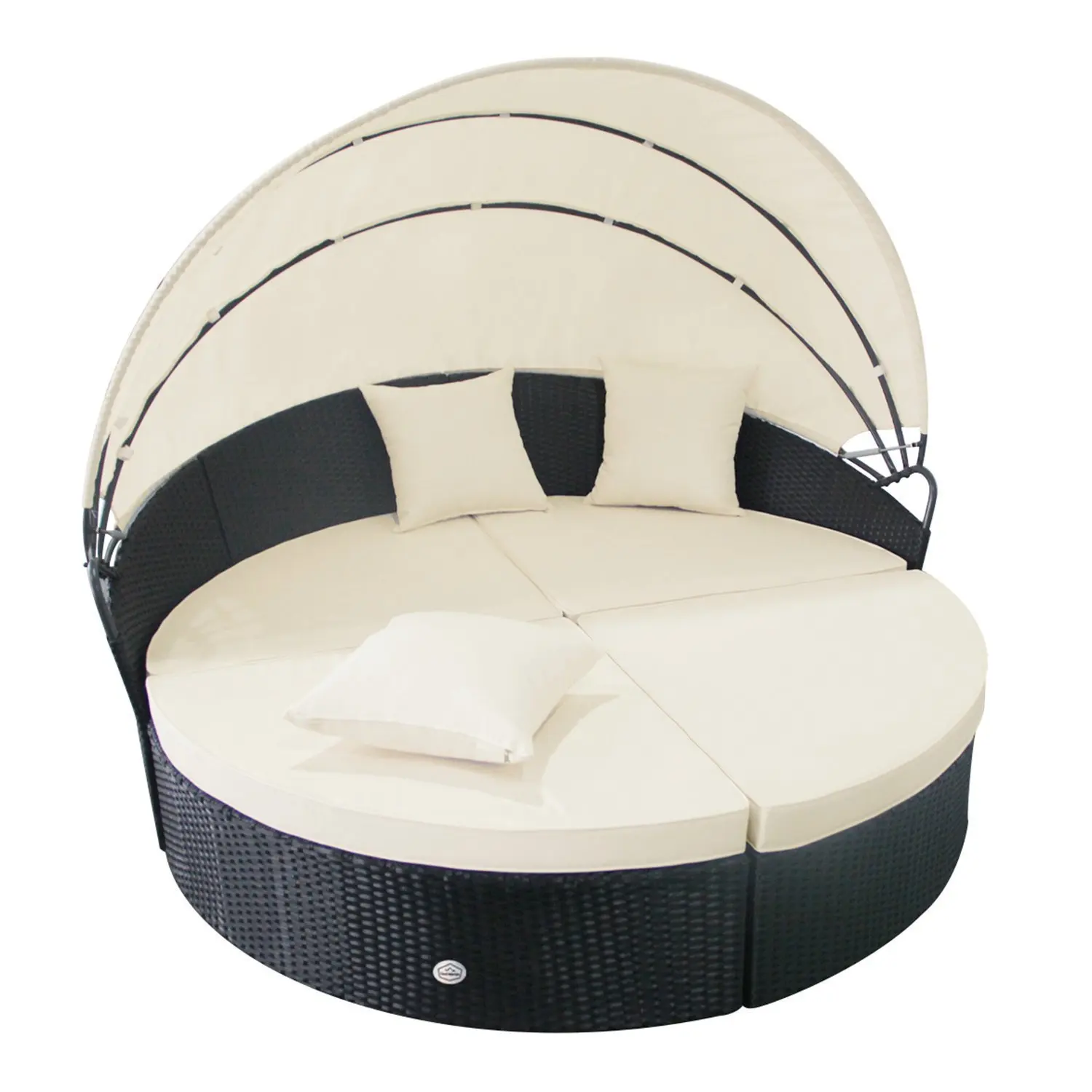 Cloud Mountain 4 Piece Patio Rattan Round Canopy Daybed Outdoor Cushioned Wicker Furniture Daybed Retractable Garden Lawn Sectional Sofa Set, Black Rattan Creamy White Cushions