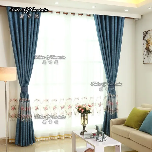 bleu pur couleur rideau blanc fleuri frais impression pas cher prix