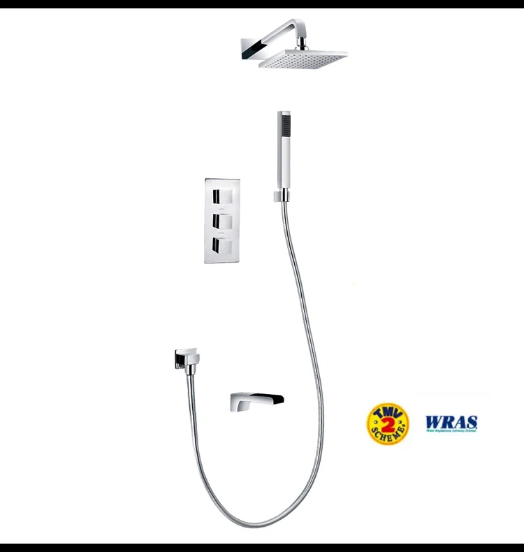 High quality TMV-2&WRAS brass chrome thermostatic triple concealed valve bracket with handset shower arm 8''showerhead spout