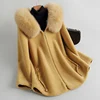 Golomise&Imbettuy Real Composite Lamb Fur Coat Women Genuine Wool Fur Coat/Jacket Faux Suede Leather Liner With Fox Fur Hood
