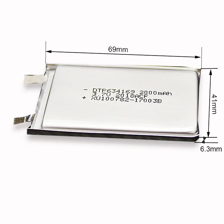 Rechargeable lithium battery DTP634169 3.7V 2000mAh lipo battery with KC certification