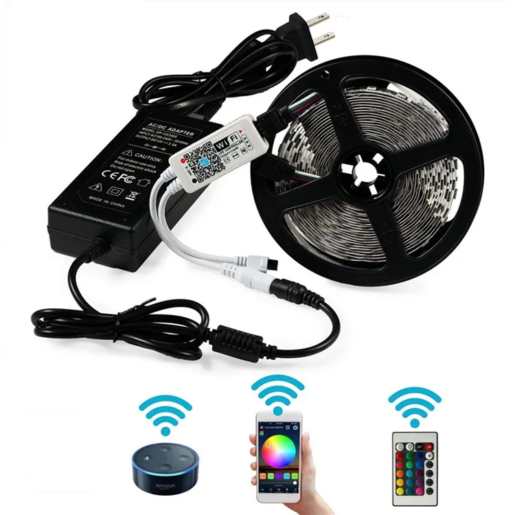 Shenzhen manufacturer RGB LED Strip Kit Wifi Wireless Smart Phone Controlled 5050 IP20 Flexible Music LED Lights Work with Alexa