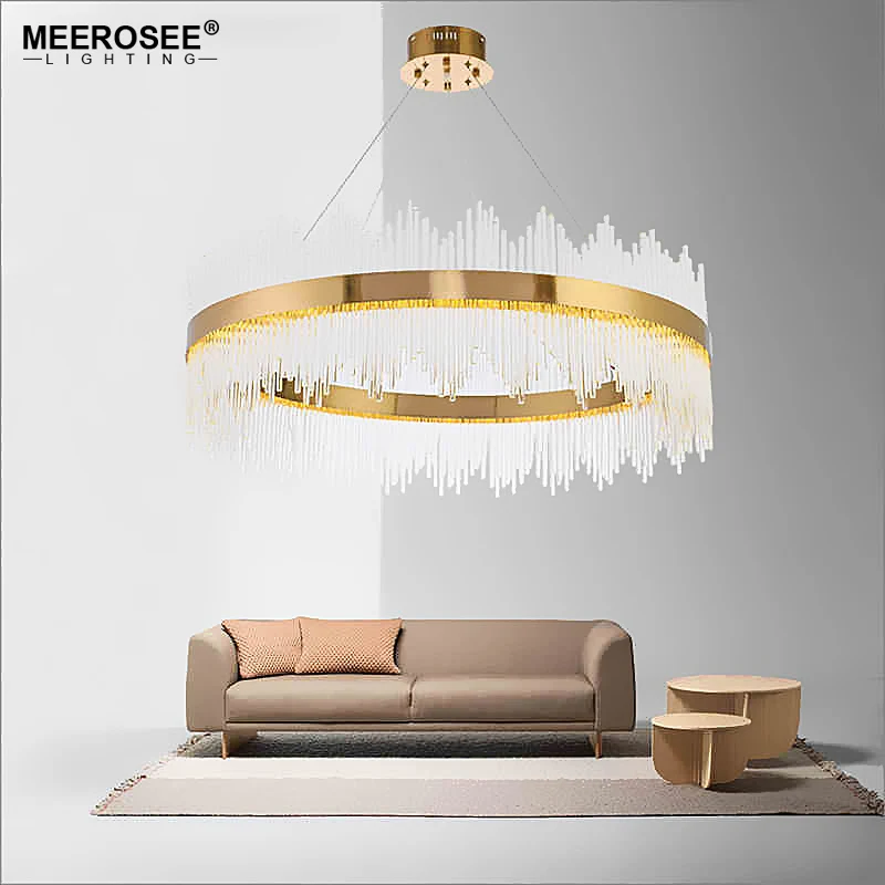 MEEROSEE LED Pendant Light Crystal rods Hanging Lamp for Dinning room Gold Circle Suspension Lamparas Lustres Abajur MD85503