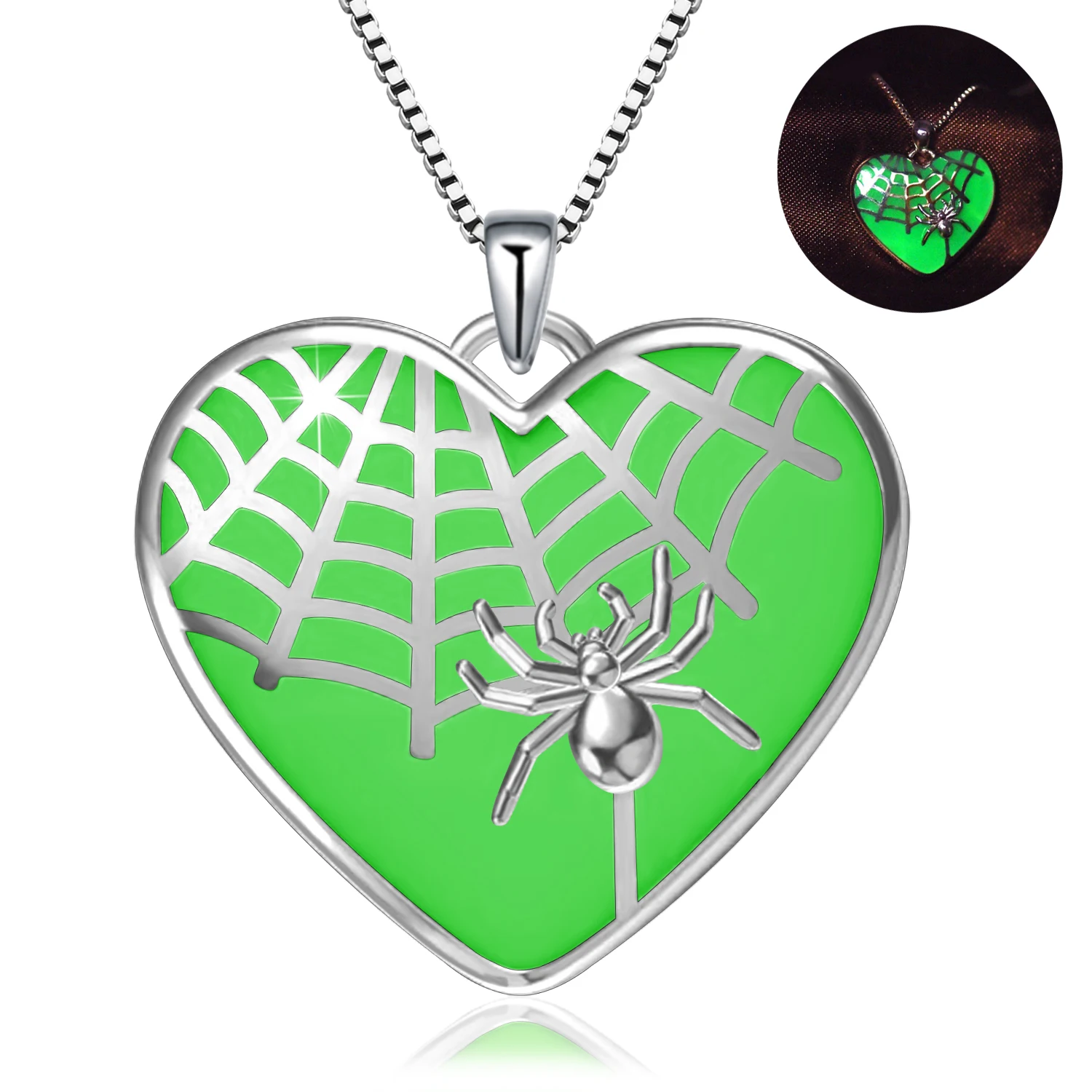 蜘蛛可爱项链 925 纯银发光在深绿色的心爱吊坠项链为孩子妇女