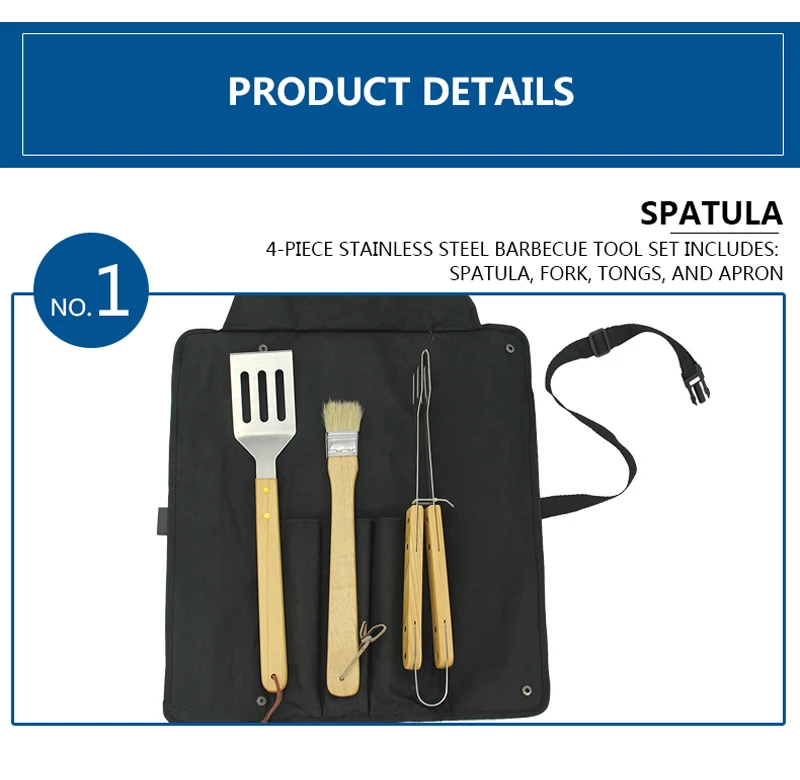 4 Piece Wooden Handle Bbq Grilling Set Stainless Steel Barbecue Kit ...