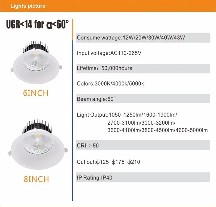 UGR<14 anti-glare downlight 12-45W 60 degree dimmable cob led light 6/8 inch led downlights dimmable