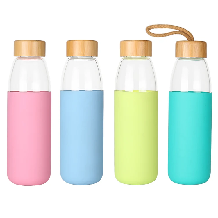 17 Oz Borosilicate Glass Water Bottle With Bamboo Lid And Protective ...