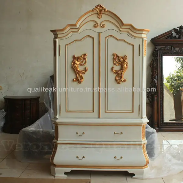 Antique Reproduction White Painted Wardrobes With Angel Carved