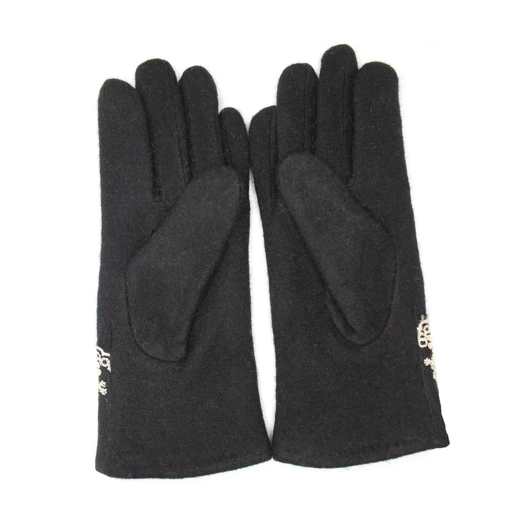 Ladies high-quaity black woolen gloves with lace on wrist for wholesale