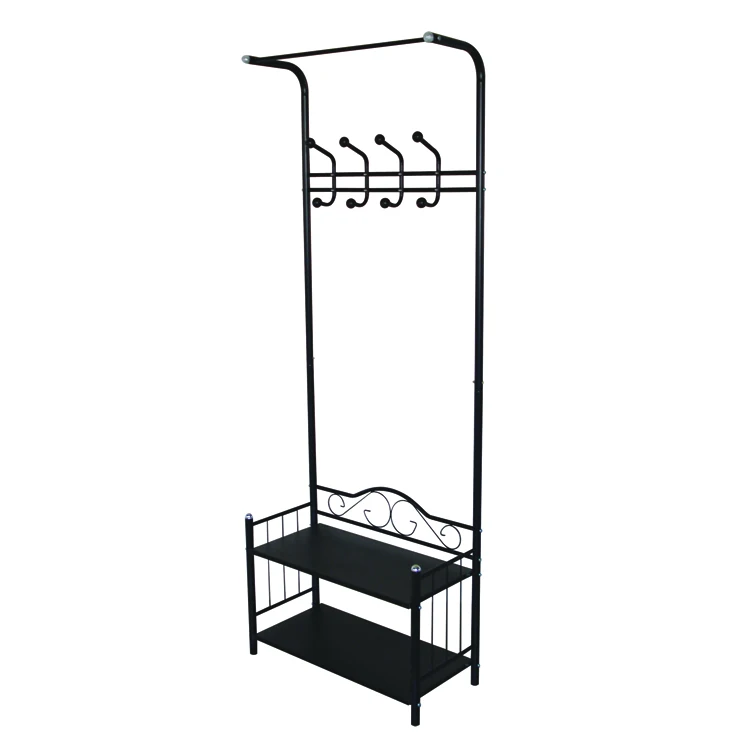 Heavy Duty 18 Hooks Coat Rack With 2tier Shoe Rack Shelves For Entryway Metal Black