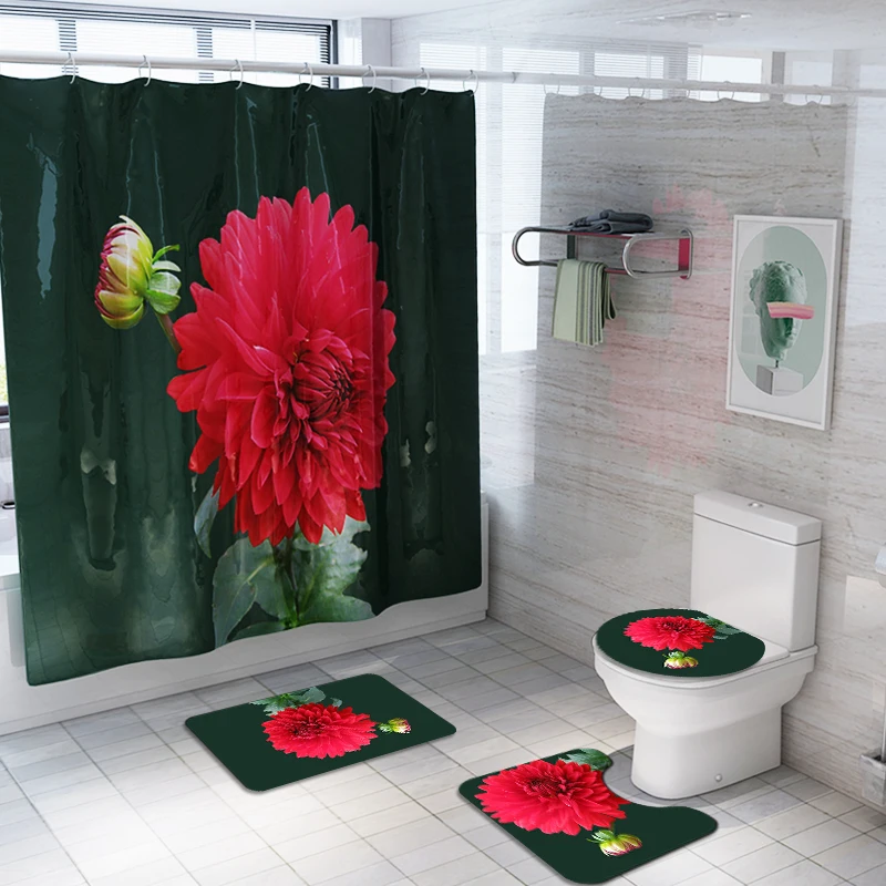 Custom Logo print 3d polyester fabric three 4 pieces bathroom mat bath rug sets 72"*72" shower curtain