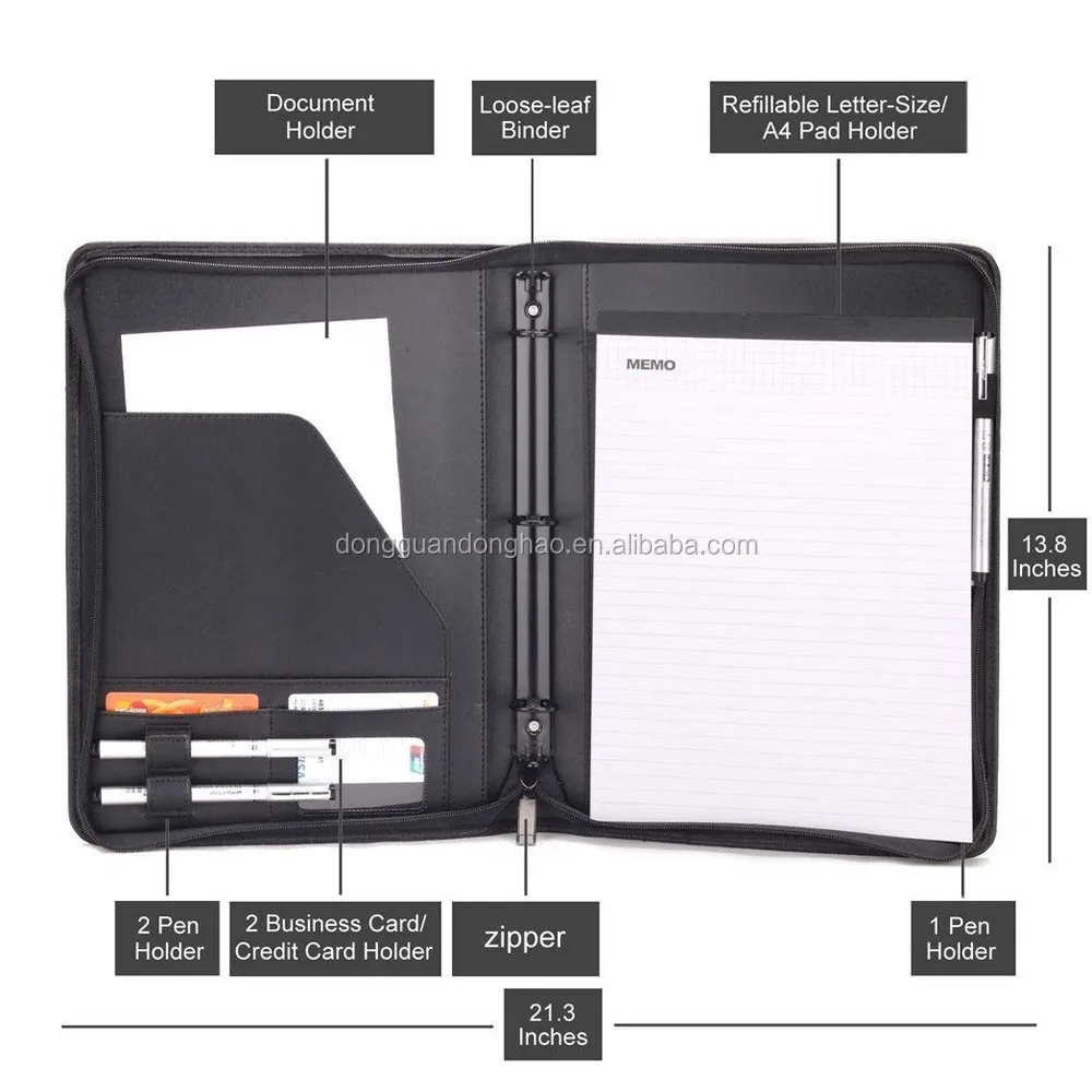 Multifunction Folder For Business Men Or Women Zippered PU Leather Portfolio With 3 Rings Loose-leaf Binder