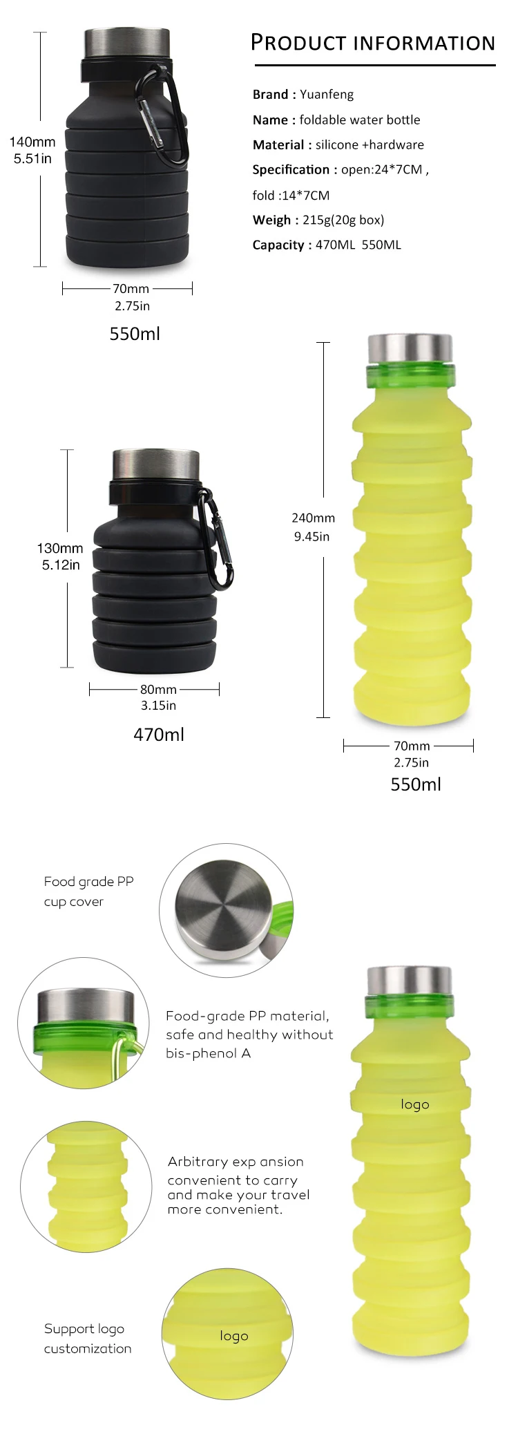 Amazon Hot Items Foldable Water Bottles With Custom Logo Collapsible 5