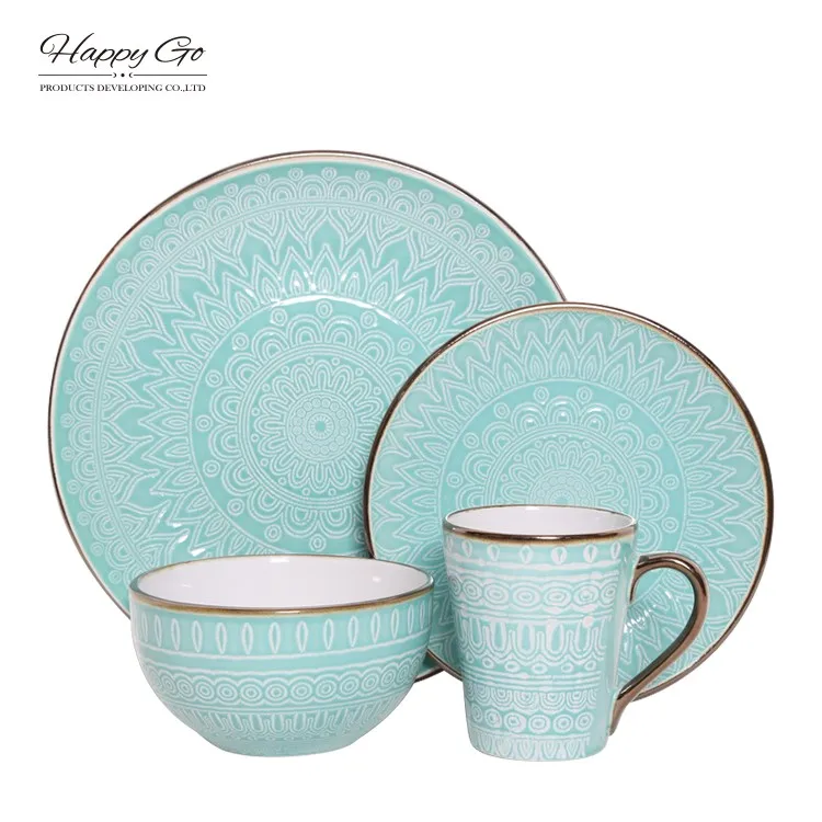 16pcs Ceramic Tableware Luxury Wholesale Embossed Dinnerware Stoneware ...