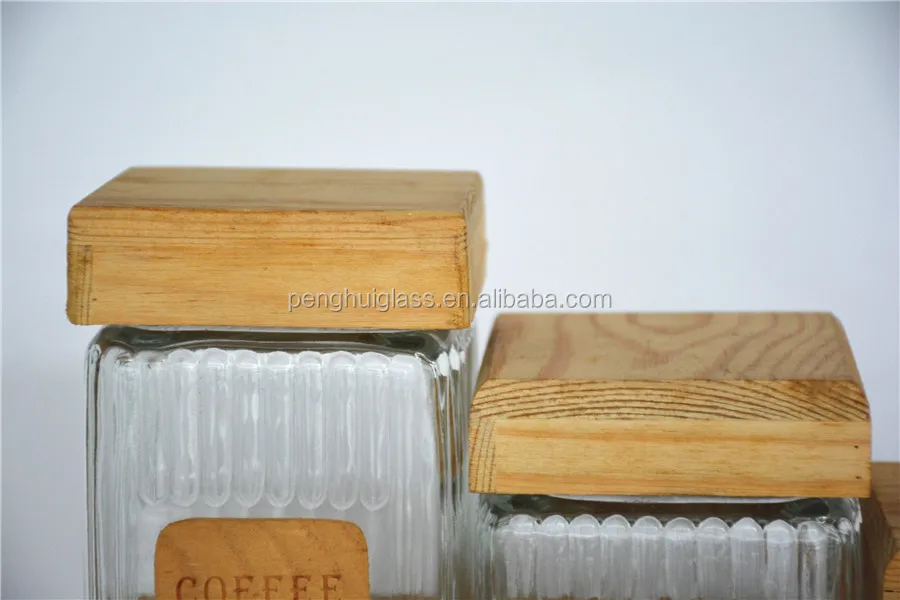 3 Pcs Square Glass Storage Jar With Wooden Lid In Wood Stand Buy