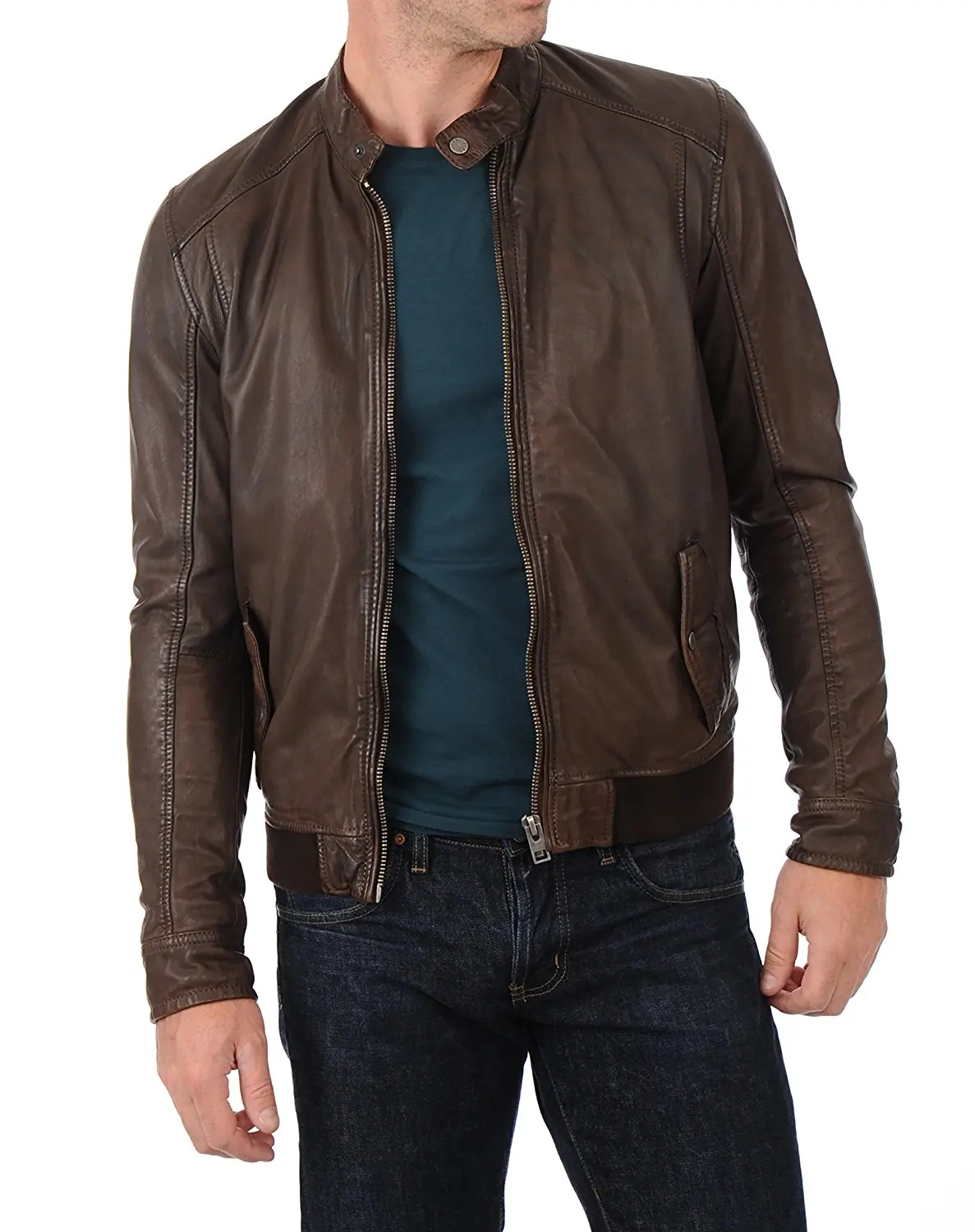 LEATHER FARM Men's Lambskin Leather Bomber Motercycle Jacket