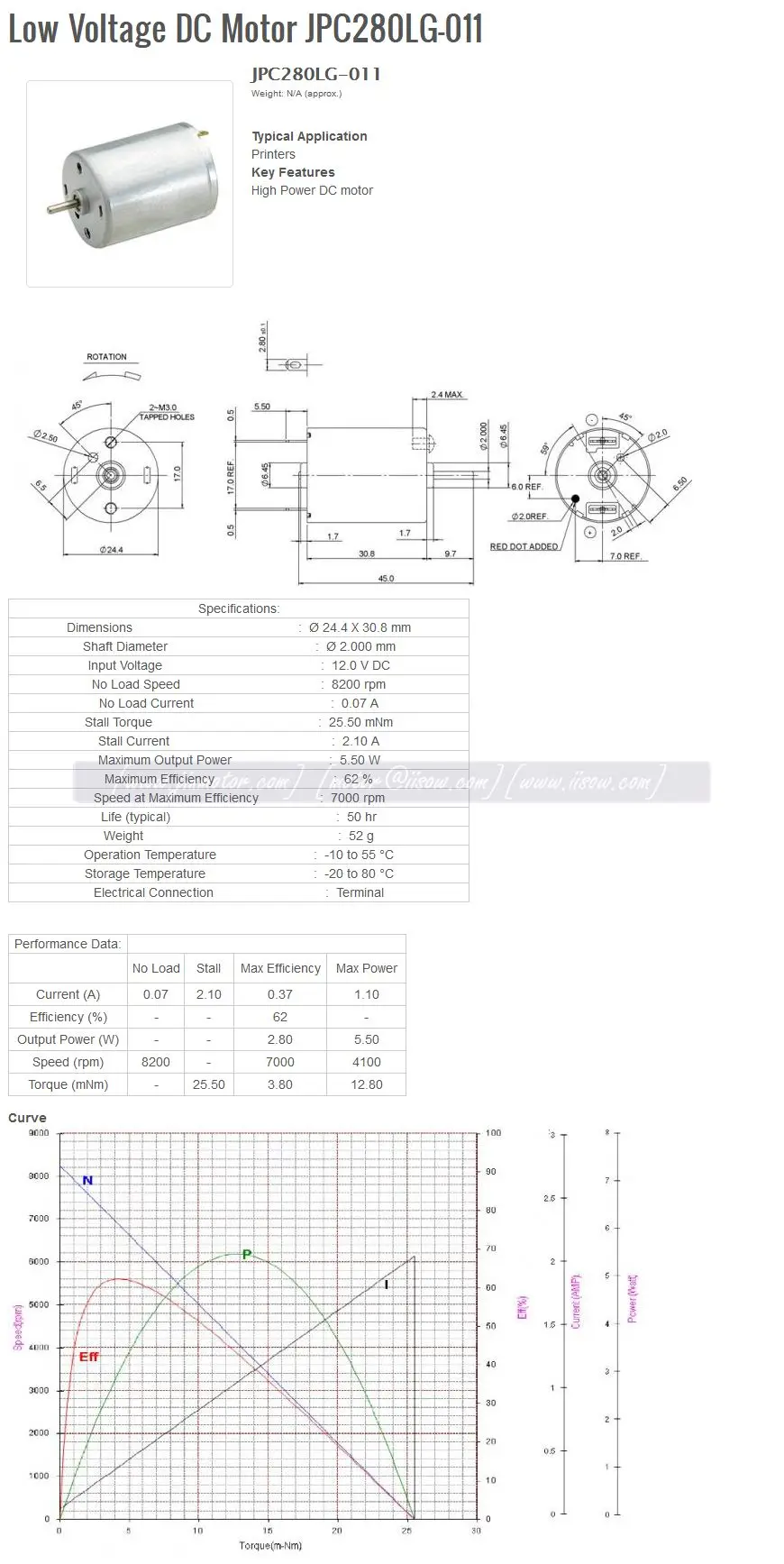 High Power 12v Electric Dc Motor Low Voltage Dc Motor Pc280lg011 For