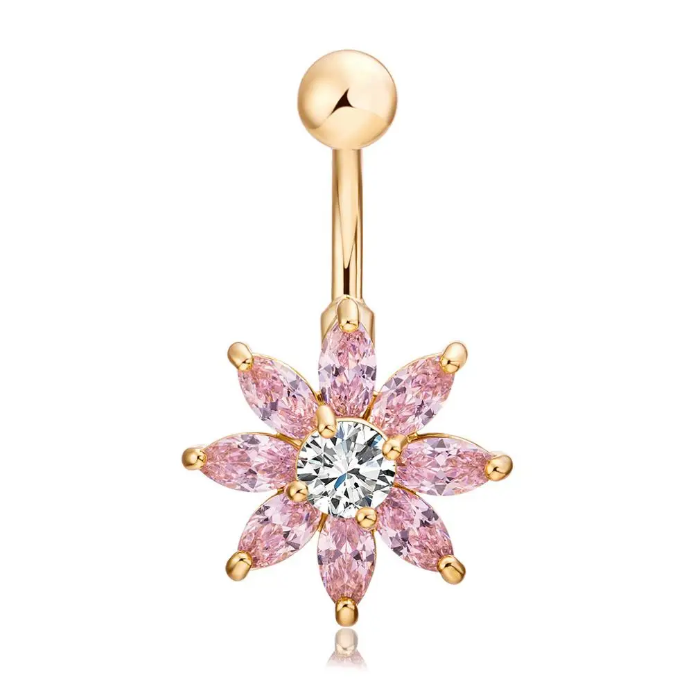 Body Piercing Jewelry Gold Plated Surgical Steel Flower Zircon Belly Dance Jewelry