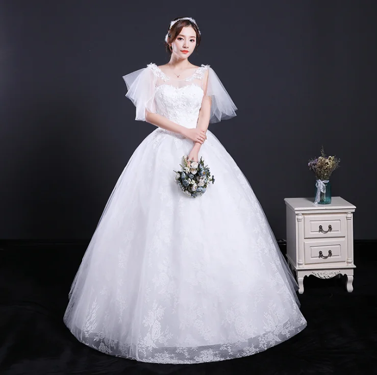 ZH2365G Fairy Style Flare Sleeves Ball Gown Wedding Dresses Lace Crew Neckline Bridal Gown