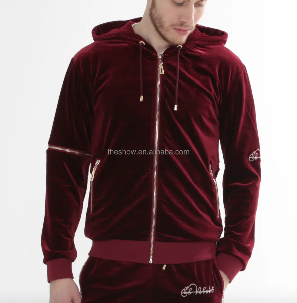 Bulk Wholesale Clothing Custom Zip Up Men's Red Burgundy Velvet Tracksuits Buy Men's Red