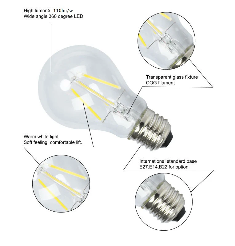 Pear Shaped 360 Degree Clear A19 Led Filament Bulb Long Lifespan E27