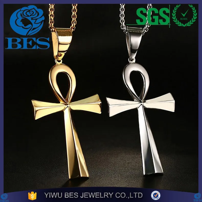 Small Gold Tone Ankh Custom Engraved Name Ring Crystal Necklace