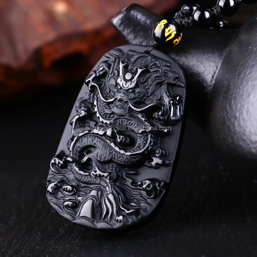 Natural Black Obsidian Hand Carved Dragon Head Amulet Pendant Necklace
