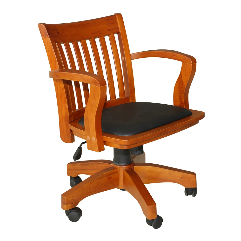 Deluxe Swivel Office Desk Wood Chair With Black Padded Seat - Buy