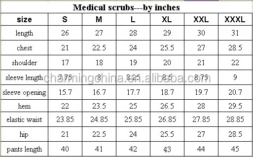 medical scrub size chart