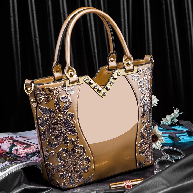 Luxury Fashion Designer Embroidery Glossy Ladies Shoulder Bag Patent Pu