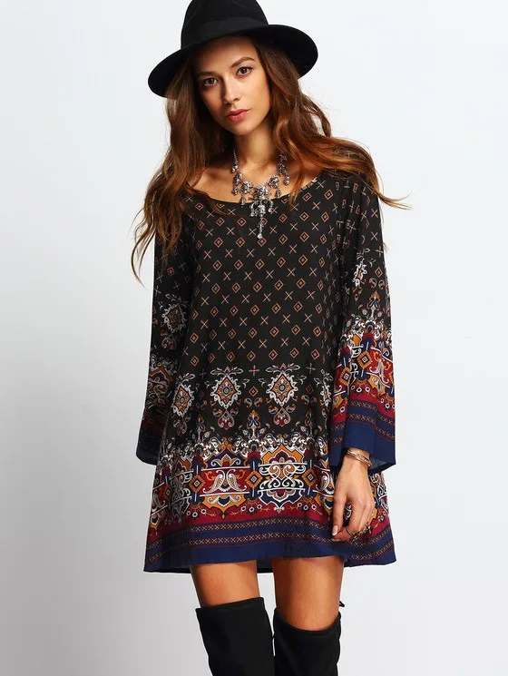 复古波西米亚风格花卉印花连衣裙