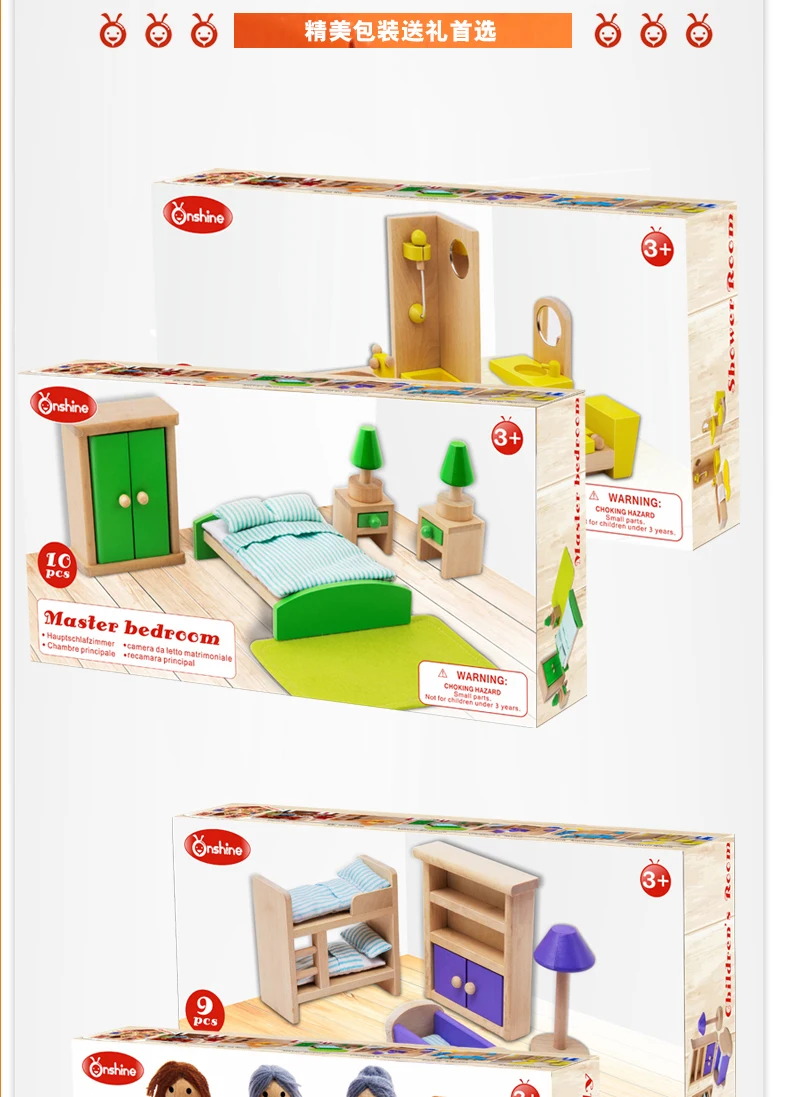 Kids Pretend Play Family Dolls Room Wooden Furnitures Toy Set Wooden