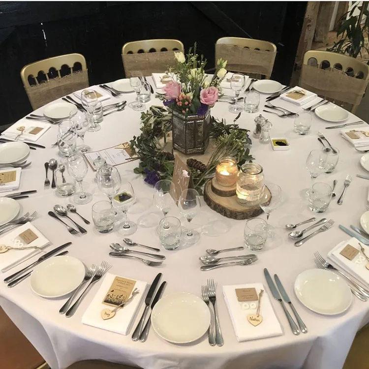 100% 聚酯纯白色酒店餐厅派对婚礼宴会 120英寸圆桌亚麻桌布