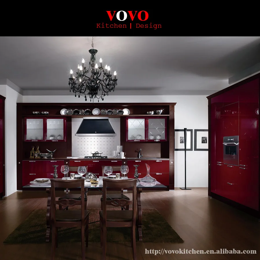 Luxury Dark Red Lacquer Kitchen Cabinet With Tall Pantry Buy Red