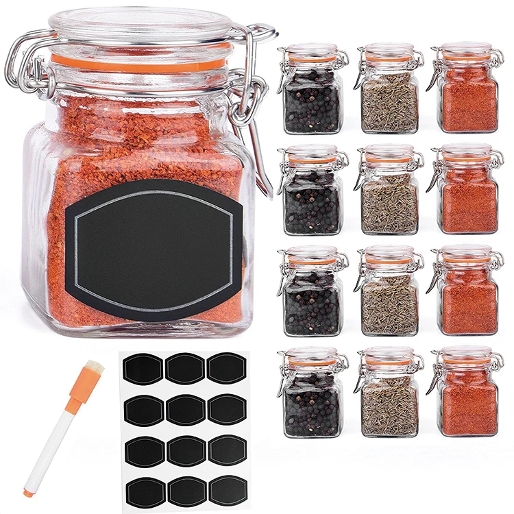 3.4 Ounce 100ml Mini Square Glass Spice Jar Airtight Clear Storage Jars