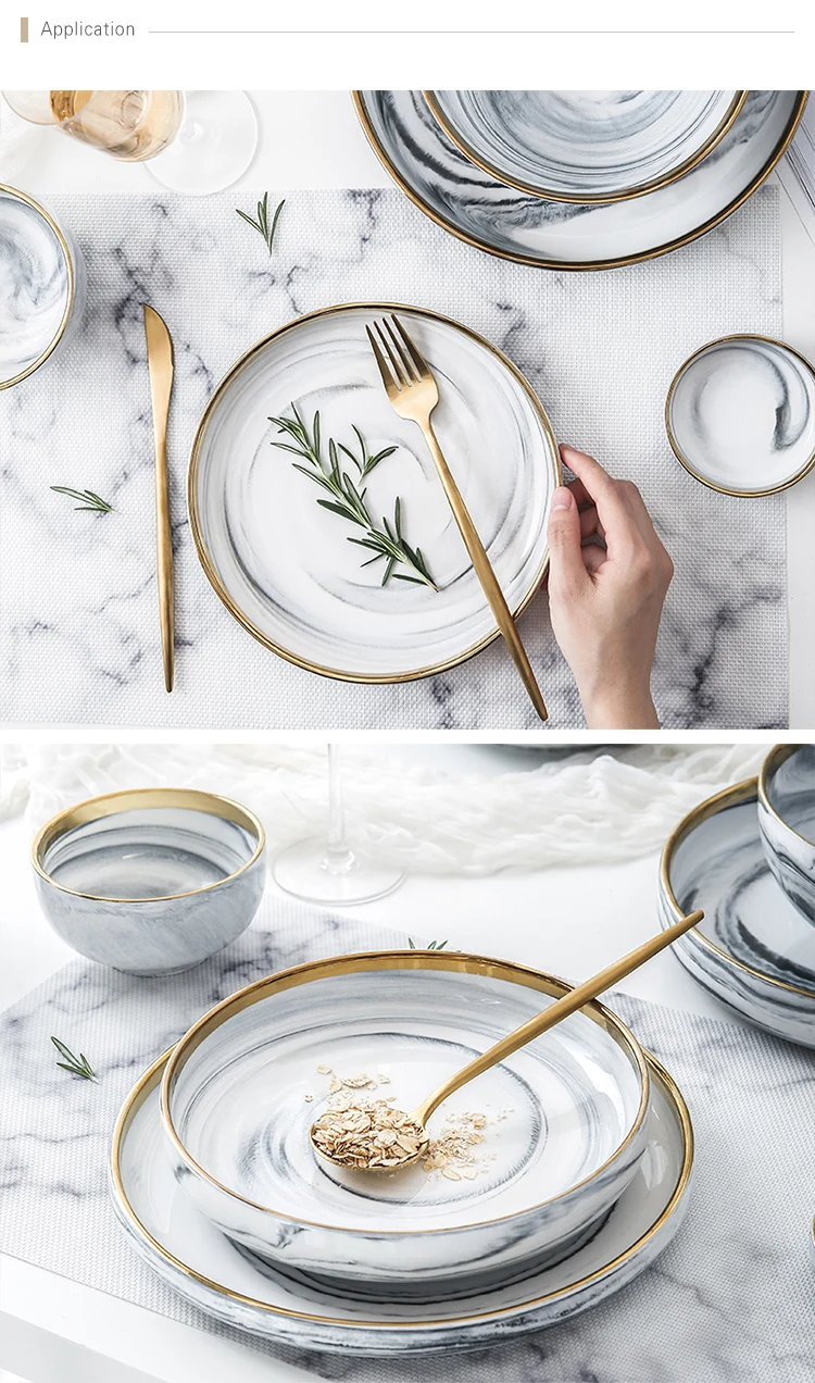 Best Selling Gold Rim Grey Flat Round Ceramic Porcelain Marble Charger Plate, European Gold Rim Grey Marble Dish,  Marble Plate^