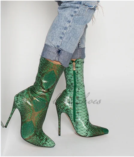 Green Snake Pointed Toe Ankle Boots Girls High Heel Ankle Boots - Buy ...