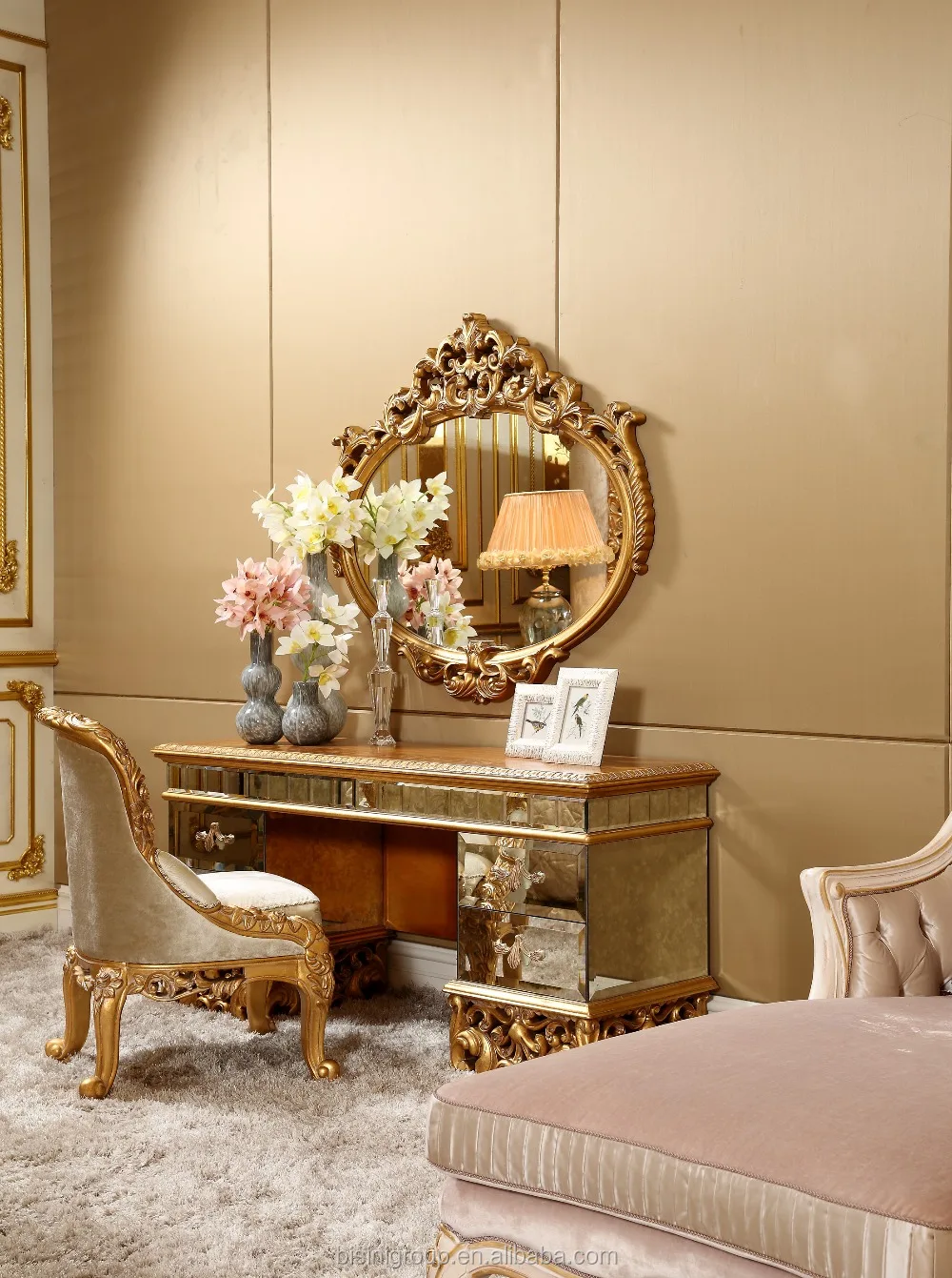 Bisini Antique Vanity Dresser With Mirror Luxury Bedroom Golden