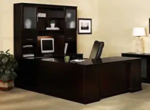 Mayline U Shaped Desk W/Hutch Overall Footprint: 72" X 102" X 72" Desk: 72"W X 30"D X 29 1/2"H, Bridge: 48" X 20", Credenza: 72"W X 24" - Espresso - Bridge on Left (Right Shown)