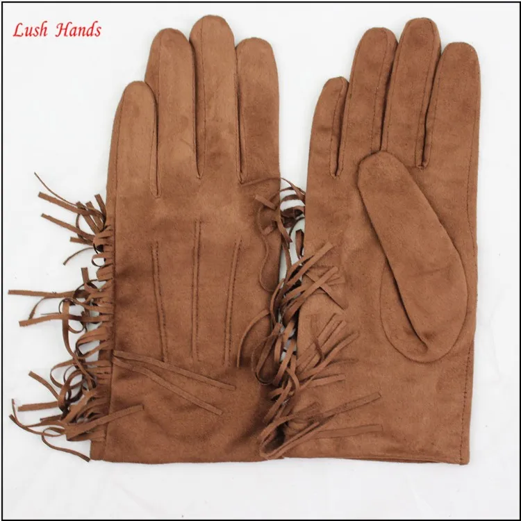 Sexy women leather fashion faux suede glove with tassels