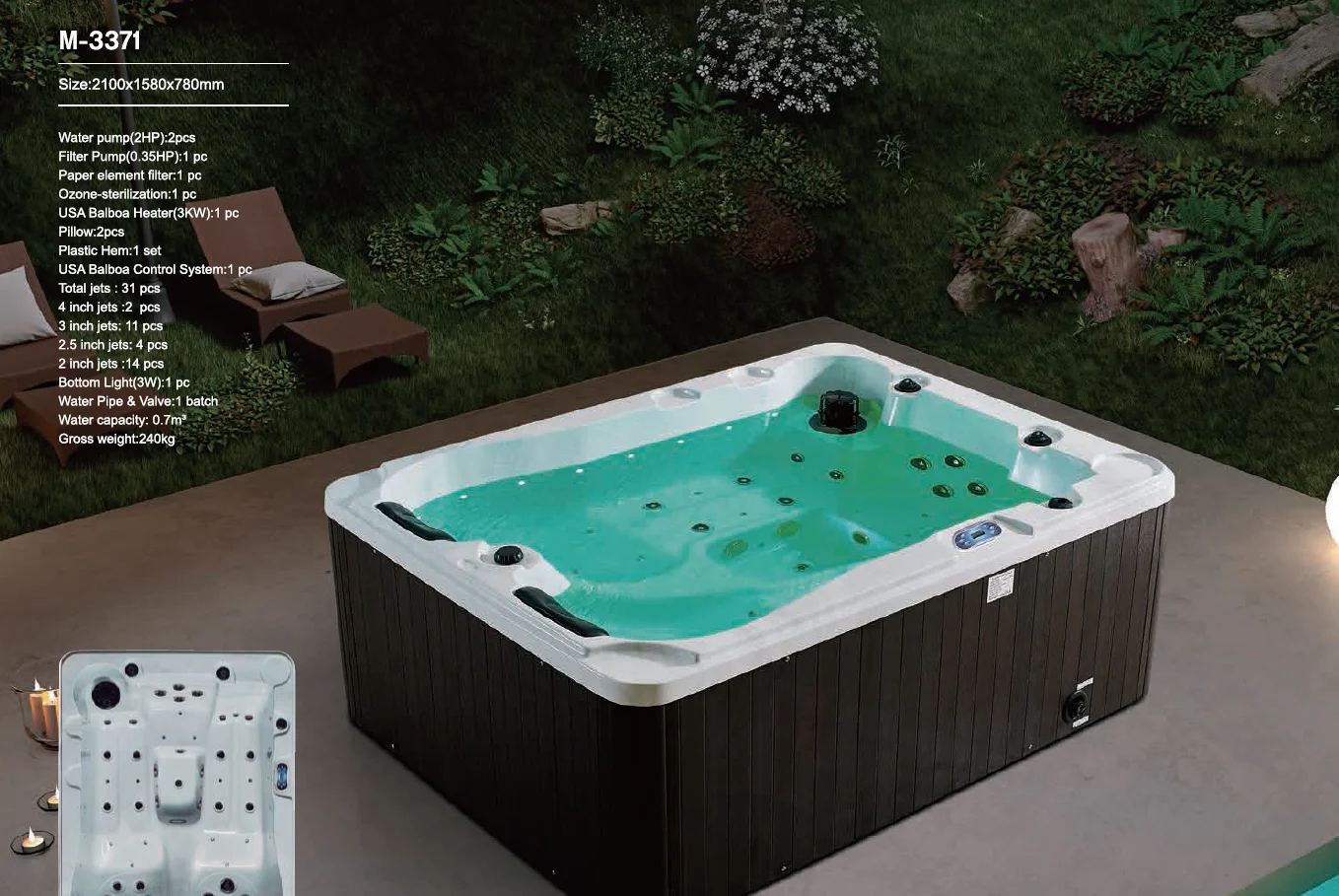 Cheap High Quality 3 Persons Outdoor Acrylic Whirlpools Spa Hot Tub