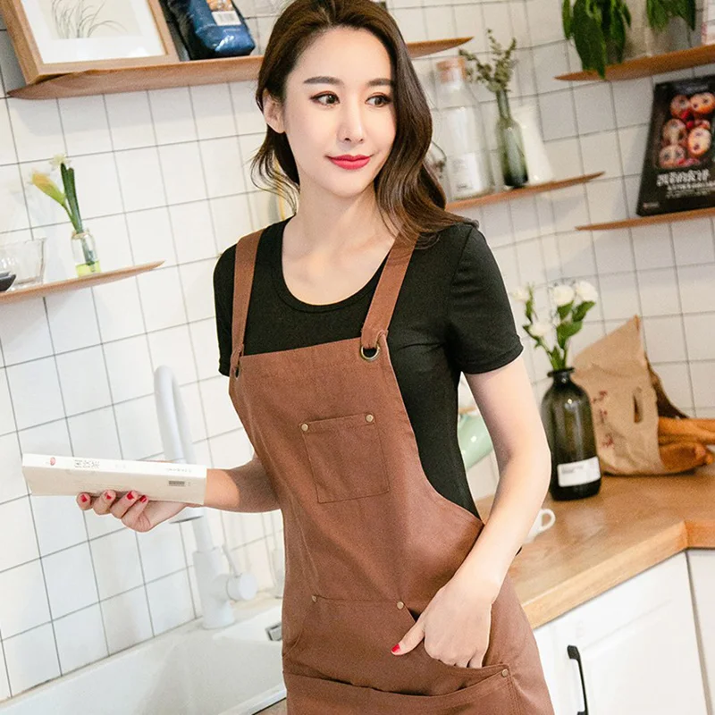 
Hot Sale Wholesale Waterproof Cotton Work Apron With Pockets Barista Kitchen Apron 